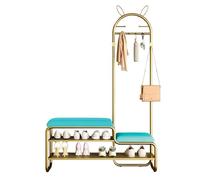 4-en-1 Hall Tree with Bench & Shoe Storage - Metal Coat Rack with Soft Leather Cushion, 2-Tier Shelf & 6 Hooks for Entryway, Living Room, Bedroom (bleu, 90 cm)