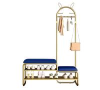 4-en-1 Hall Tree with Bench & Shoe Storage, Metal Coat Rack with Soft Leather Cushion, 2-Tier Storage Shelf & 6 Hooks for Entryway, Living Room, Bedroom (bleu marine, 120 cm)