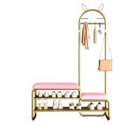 4-en-1 Hall Tree with Bench & Shoe Storage, Metal Coat Rack with Soft Leather Cushion, 6 Hooks & 2-Tier Shelf for Entryway, Living Room, Bedroom (Roze, 90 cm)