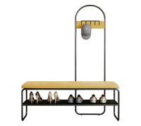 4-en-1 Hall Tree with Bench & Velvet Cushion, Freestanding Metal Coat Rack with 5 Hooks for Entryway, Hallway, Living Room - Light Yellow, 60 cm