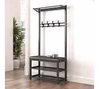 4-en-1 Metal Coat Rack with Shoe Bench & 11 Hooks - Free Standing Entryway Hall Tree, 2-Tier Shoe Storage, Coats, Bags & Hats - Maximize Storage Space