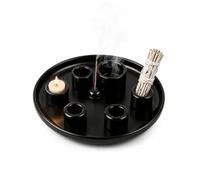 4-en-1 Porte Encens Multifonction en Céramique Noire - Brûle Encens pour Bâtons D'Encens, Palo Santo, Sauge Blanche & Bougies - Plat De Combustion pour Méditation, Yoga & Décoration - Ø 20 X 3,8 Cm