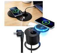 4-en-1 Prise EncastrablePplan de Travail avec Chargeur sans Fil 15W, Multiprise Plan de Travail avec USB-C PD 20W+USB-A QC Bloc Prise Escamotable pour Meubles, Cuisine, Bureau 2M Câble, Diamètre 80mm
