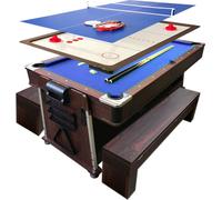 4 en 1 Table de Billard 7 Pieds – Air Hockey – Table de Tennis – Table – Mattew Bleu avec bancs