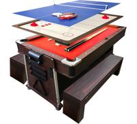 4 en 1 Table de Billard 7 Pieds – Air Hockey – Table de Tennis – Table – Mattew Rouge avec bancs