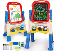 4 en 1 Tableau Enfant Double Face avec Hauteur Réglable & Rotation 360°Tableau Blanc Noir Magnétique Chevalet Peinture Enfants 2-8 Ans avec Craie, Jouet Educatif Cadeaux pour Garçon Fille 2+ Ans