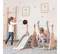 4 en 1 Toboggan pour Enfant 1-6 Ans avec Panier de Basket, Enfants Balançoire Toboggan autoportant, échelle d'escalade, Toboggans pour l'extérieur et l'intérieur, Rose