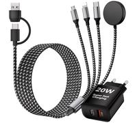 4 en 2 Chargeur pour Samsung Galaxy Watch, 20W USB-C Chargeur Rapide Multiple Mural à 2 Ports avec USB-A/C, 1.2M Câble de Charge Multi-USB pour iPhone 16/15/14/13/12 Galaxy Watch 8/7/6/5/4/3