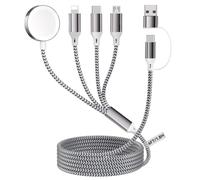 4 en 2 Multiple Rapide Chargeur pour A pple Watch, 1.8M/6FT Câble Tressé Nylon USB A/C vers Port iOS/Type C/Micro USB/iWatch Compatible pour iWatch Ultra/SE/1-10/iPhone/iPad/AirPods/Galaxy/Huawei