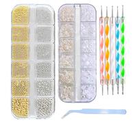 4 Ensembles Bijoux Ongles Nail Art, Perle Ongle Demi Rond Blanc & Mini Caviar Or Argent, avec Pince à Strass et Pince à Manucure, Bijoux et Accessoires pour Décoration Ongle
