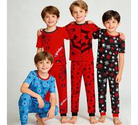 [4 ensembles, envoyés aléatoirement 2 ensembles] Pyjamas pour jeunes garçons, nouvelle mode printemps/été à chaude, imprimé araignée, tissu tricoté ajusté et extensible, ensemble de vêtements de nuit 
