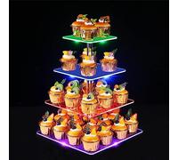4 Etages Présentoir Cupcake, Ulifeme LED Rechargeable Support de Cupcakes en Acrylique, Affichage de Desserts Carré Transparent - Noël, Mariage, Anniversaire, Fête de Naissance et Fête d'anniversaire
