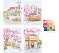 4 Feuilles De Papier Aquarelle Papier À Dessin Carnet De Croquis A4 290x210mm, Avec Pinceau Et Couleurs (Sous Le Cerisier En Fleurs)