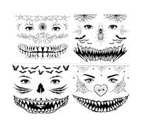 4 Feuilles Halloween Tatouages Temporaires pour visage, Sorcière Zombi Maquillage Dia De Los Muertos Tatouage Ephemere, pour Halloween Carnaval Maquillage Déguisements Accessoires (A)