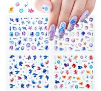 4 Feuilles Océan Stickers Ongles Été Autocollant Ongle Nail Art 5D, Autoadhésif Stickers Ongles Nail Art, Coquillage et Étoile de Mer, pour DIY Déco Ongles