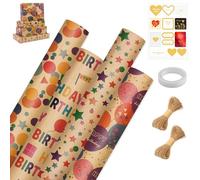 4 Feuilles Papier Cadeau Anniversaire 43cm x 3m avec Corde & Ruban, Rouleau Papier Emballage Recyclable, Papiers Cadeaux Kraft Fête, Wrapping Paper pour Femme, Fille, Homme, Garcon, Enfant