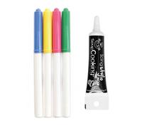 4 feutres alimentaires jaune, vert, rose, bleu + Stylo de glaçage noir