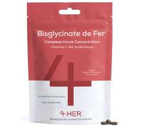 4 HER Fer Bisglycinate 14mg Vitamine C Complément Alimentaire 120 Comprimés | Iron Supplement Doux pour Femmes, Fer Chélaté avec B12, Folate & Cuivre, réduit la fatigue, végan, cure de 4 mois, 1 par jour