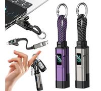 4 in 1 USB C Digital Display Keychain Charger Cable, 65W Fast Charging Short Phone Lanyard Data Cable Fit Light-ning/Type-C/USB-A/USB-C, Portable Multi Charge LED Display Digital Cord (Black*Purple)