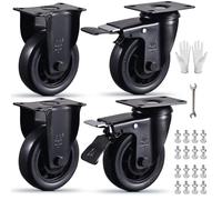 4 Inch Heavy Duty Fixed Caster Wheels Set of 4 Black Rigid and Swivel Casters with Brake 2200Lbs Load Capacity Silent Elastic Rubber Wheels Industrial Plate Casters for Cart Furniture and Workbench
