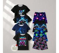 [4 jeux aléatoires, 1 set expédié] Pyjamas pour jeunes garçons, nouveaux designs à la mode lumineux pour le printemps/été, best-sellers : chiffres, dinosaure, voiture, astronaute, planète, impression 