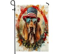 4 juillet Bloodhound - Drapeaux de jardin verticaux en toile de jute - 30,5 x 45,7 cm - Double face pour l'extérieur, le jour de l'indépendance - Drapeau imprimé pour chien - Motif floral pour animal