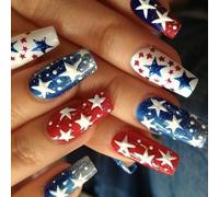 4 Juillet Colues Sur Les Ongles Long Cercin Fake Independence Day French Tip Press On Artificial Acrylique Independence Day French Tip Press On Nail