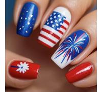 4 Juillet Colues Sur Les Ongles Short Square Fake Independence Day French Tip Press On Artificial Acrylique Independence Day Tip Press Sur Nail