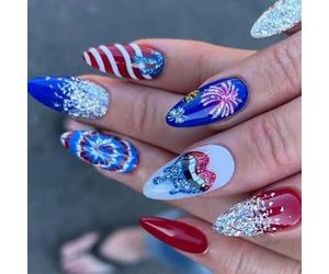 4 Juillet Presse Sur Des Ongles Amond French Tip Faute Indépendance Faux Avec Blue Blue Glitters Stick On Glues On Nail