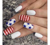 4 Juillet Presse Sur Ongles Carré Pointe Française Fausse Indépendance Faux Avec Drapeaux Américains Étoile Bâton Colles Ongle