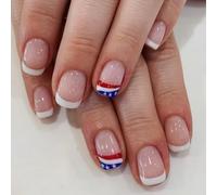 4 Juillet Presse Sur Ongles Carré Pointe Française Fausse Indépendance Faux Avec Drapeaux Américains Étoile Bâton Sur Colles Sur Ongle