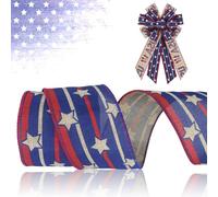4 juillet - Rubans patriotiques de 6,3 cm × 9,1 m - Ruban à bord métallique bleu naturel en toile de jute avec étoiles américaines - Nœuds pour emballage cadeau, décoration de jour de l'indépendance