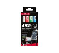 uni-ball Chalk Marker - Uni Mitsubishi Pencil - Marqueurs Craie PWE-5M - Marquage Éphémère, Résistant à la Pluie - Pointe Conique Medium, Emballage Zéro Plastique - Lot de 4 Couleurs Assorties