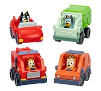4 Mini véhicules de Bluey. Fais la Course dans Le Camion Poubelle de Bluey, Camion de Pompiers et Bingo, Voiture décapotable et Bandit, 4x4 d4 me la Famille Bouvier et Chilli, Collectionne-Les Tous !