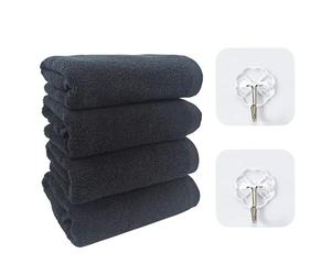 4 Morceaux De Serviettes Noires, Avec 2 Morceaux De Crochets, Des Serviettes Absorbantes, Des Serviettes De Bain Douces Et Confortables, Adaptées À La Maison, À La Forme Physique Et Aux Voyages.