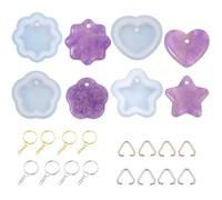 4 Moules Silicone Résine Epoxy pour Bijoux, Kit avec 8 Porte-clés et 8 Anneaux Triangulaires, Moule Résine pour Pendentif, Boucle d'Oreille, Formes Fleur, Cœur et Étoile, DIY Création