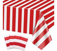 4 nappes à rayures rouges et blanches, décorations de fête sur le thème du carnaval, couverture de table en plastique 137 x 274 cm, pour fête de cirque, soirée cinéma, anniversaire d'enfant, Noël