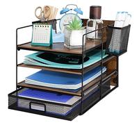 4 Niveaux Bac à Courrier Empilable, A4 Organisateur de Bureau Maille Métallique, Plateau de Papier avec Pot a Crayon, Banette de Rangement Bureau Corbeille a Courrier Range Document Bureau