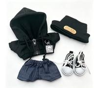 4 Outfits Vêtements pour Poupée for Labubu 15cm/17cm Sweat à Capuche + Bonnet Tissé + Shorts Denim + Baskets Style Urbain (No Doll) (Noir)