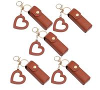 4 Pack Lip Oil Keychain - Mirror & Oil 2-in-1, PU Leather Potable Lip Gloss Holder, Mini Lipstick Case with Keychain & Heart Pendant, Chapsticks Holder, for Car/Travel Storage (Brown,5Pcs)