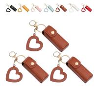 4 Pack Lip Oil Keychain - Mirror & Oil 2-in-1, PU Leather Potable Lip Gloss Holder, Mini Lipstick Case with Keychain & Heart Pendant, Chapsticks Holder, for Car/Travel Storage (Brown,3Pcs)