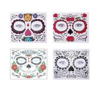 4 Pack Sugar Skull Face Tattoo Tattoo Halloween Makeup Tattoo Autocollants pour Halloween Masquerade Party (Floral, Rouges, Squelette noir et floral), 1
