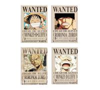 4 Packs Anime Posters Wanted Pirates Manga Motif Toile murale Art Mural Peinture Murale Décoration, Cartoon Toile murale Moderne à Suspendre affiche 15 x 20 cm, Pour Chambre Salon Et Couloir,cool