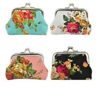 4 Packs Pièce Poche Canvas Double Porte-Monnaie Rose Motif Fermoir Fermoir Portefeuille Cadeau Femmes Porte-Monnaie Rétro Sac à Main Embrayage Pochette Rond en Toile Coin Purse Titulaire
