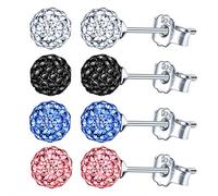 4 Paires Boucles d'oreilles blanc, noir, rose, bleu - boule disco ronde en argent sterling 925 et sertie de cristaux pour femmes et filles