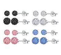 4 Paires Boucles d'oreilles blanc, noir, rose, bleu - boule disco ronde en argent sterling 925 et sertie de cristaux pour femmes et filles