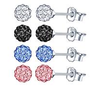 4 Paires Boucles d'oreilles blanc, noir, rose, bleu - boule disco ronde en argent sterling 925 et sertie de cristaux pour femmes et filles