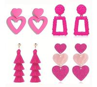 4 Paires Boucles d'Oreilles en Rose Style Bohème Déclaration Géométrique Longues Gland Pendantes Boucles d'Oreilles Mode Rose Coeur Rectangulaire Boucle d'Oreille Bijoux Ensemble pour Filles et Femmes