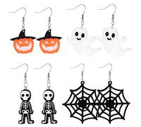 4 Paires Boucles d'Oreilles Halloween - Drop Dangle Toile d'Araignée, Citrouille, Fantôme, Chauve-Souris, Boo - Stud Oreille pour Filles