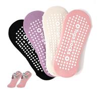 4 Paires Chaussettes Yoga Antidérapantes Femme Chaussette Pilates en Coton Taille 36-39 avec Poignées pour Femmes, pour Danse, Ballet, Fitness Spor